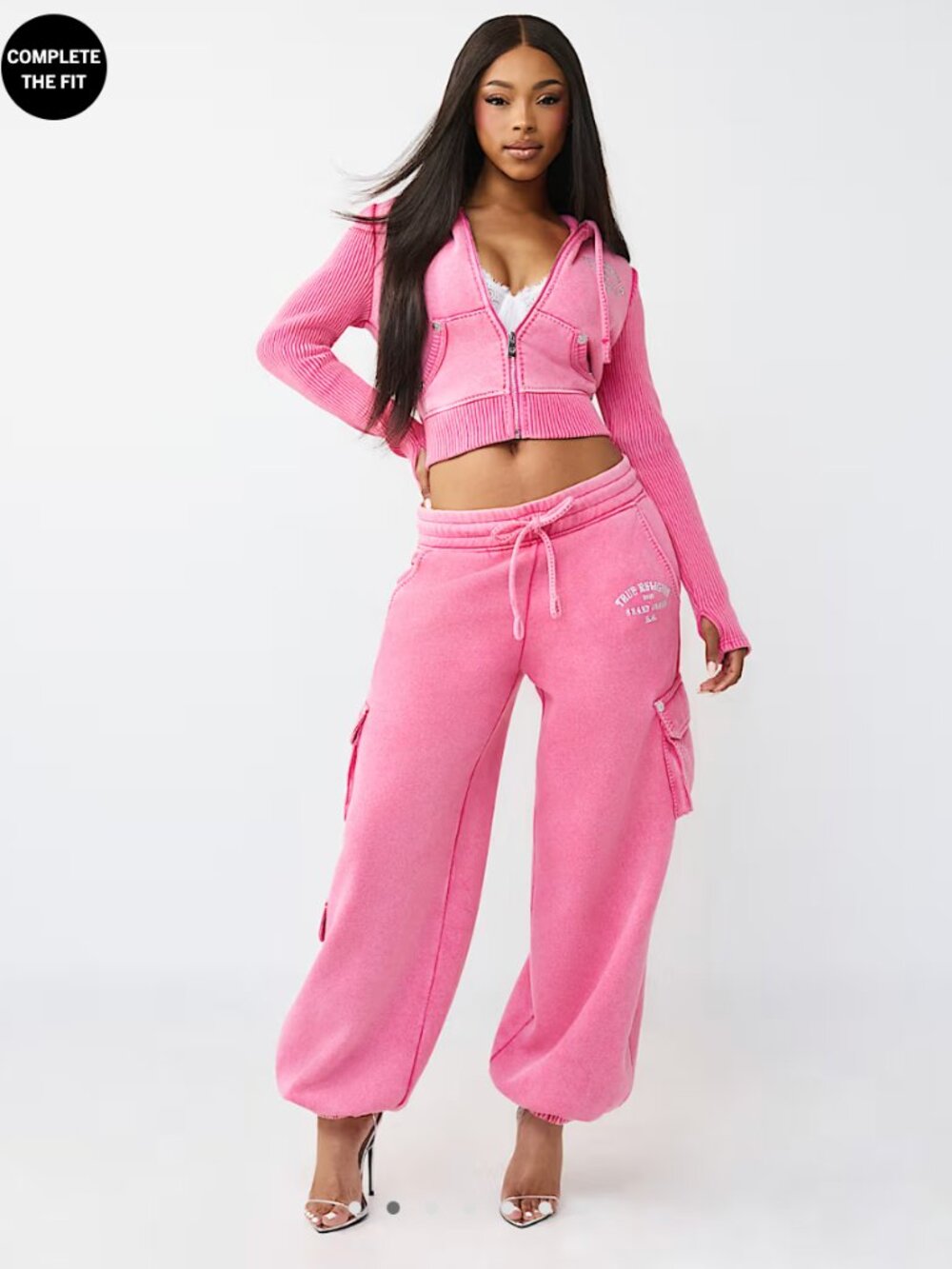 True Religion Big T Pink Zip Hoodie & Cargo Jogger Matching Set NWT